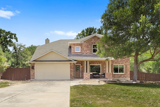 112 Mcleod, Cedar Creek, TX 78612 - view of front of house with concrete driveway, a garage, a porch, a chimney, and brick siding
