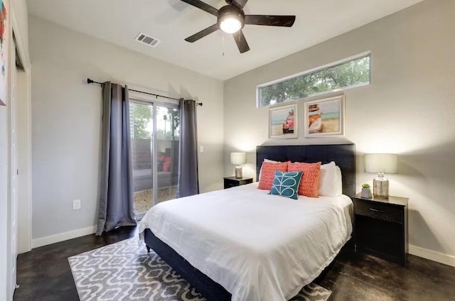 bedroom with baseboards, concrete floors, ceiling fan, and access to outside