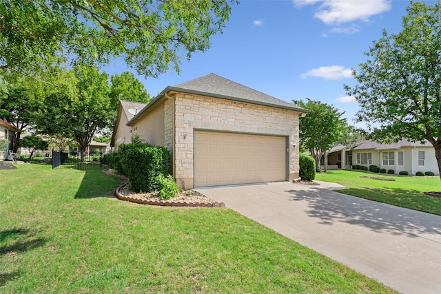 138 Dewberry Dr, Georgetown, TX 78633 - view of side of property with stone siding, driveway, an attached garage, and a yard