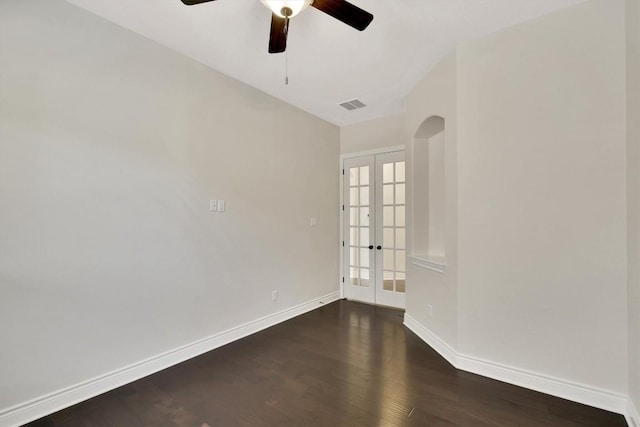 441 Cascada Ln, Round Rock, TX 78681 - empty room featuring french doors, a ceiling fan, dark wood-style flooring, and baseboards