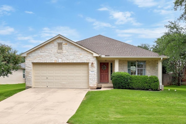 7613 Buck Meadow Dr, Georgetown, TX 78628 - ranch-style house featuring stone siding, a front yard, an attached garage, concrete driveway, and a shingled roof