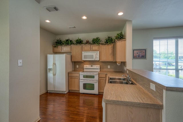 521 E Briarway Dr, Granite Shoals, TX 78654 - kitchen featuring white appliances, a sink, light countertops, tasteful backsplash, and dark wood finished floors