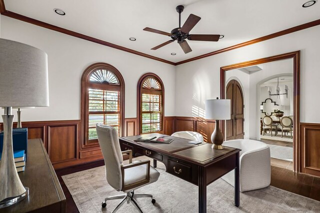 5902 Saratoga Cv, Austin, TX 78746 - office area featuring a wainscoted wall, light wood finished floors, crown molding, ceiling fan, and recessed lighting