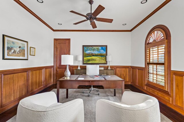 5902 Saratoga Cv, Austin, TX 78746 - home office featuring a wainscoted wall, wood finished floors, crown molding, and a ceiling fan