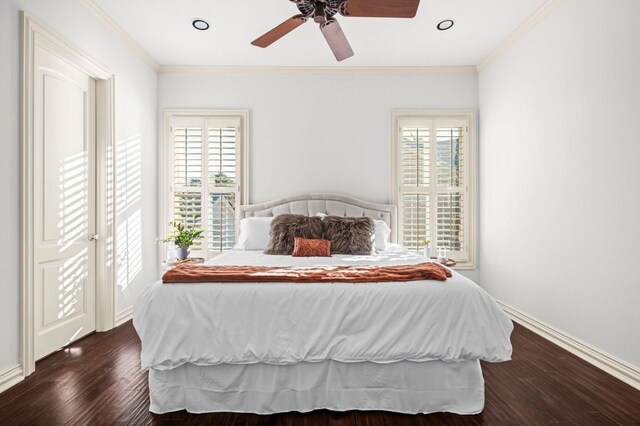 5902 Saratoga Cv, Austin, TX 78746 - bedroom with multiple windows, ornamental molding, dark wood-style floors, ceiling fan, and recessed lighting