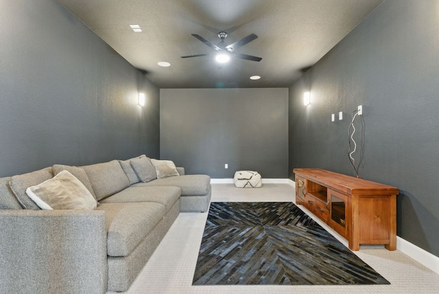 604 Buena Onda Way, Lakeway, TX 78738 - carpeted living room featuring ceiling fan and baseboards