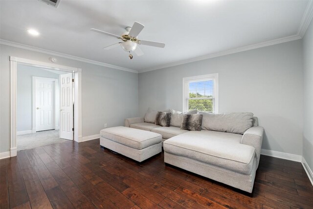 living room with ceiling fan, baseboards, ornamental molding, and dark wood finished floors
