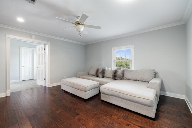 17700 N Rim Dr, Leander, TX 78641 - living area with a ceiling fan, crown molding, and dark wood-type flooring