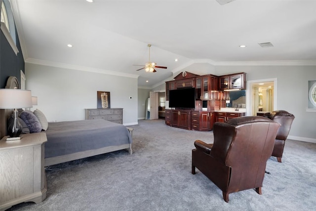 bedroom with light colored carpet, baseboards, ornamental molding, lofted ceiling, and recessed lighting