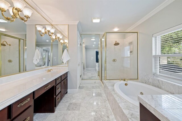 full bath with a chandelier, a shower stall, marble finish floors, vanity, and baseboards