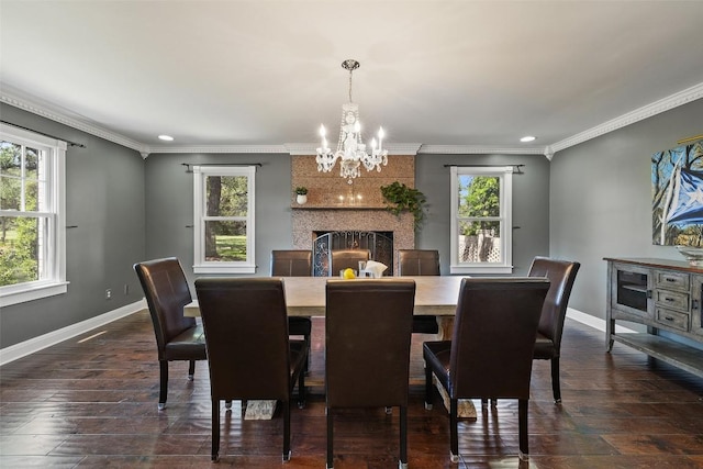 dining room featuring plenty of natural light, a chandelier, baseboards, dark wood-style floors, and recessed lighting