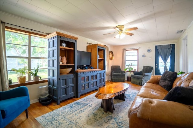 1705 Old Thorndale Rd, Taylor, TX 76574 - living area with crown molding, wood finished floors, and a ceiling fan