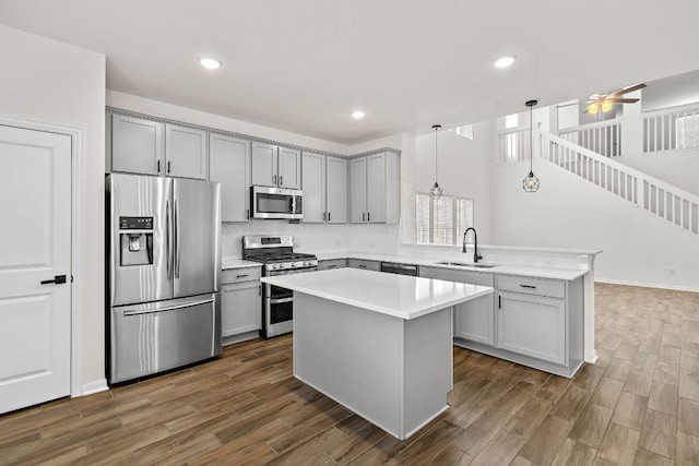 1100 Whipple Tree Trl, Georgetown, TX 78626 - kitchen featuring stainless steel appliances, gray cabinetry, a sink, a peninsula, and dark wood-style flooring