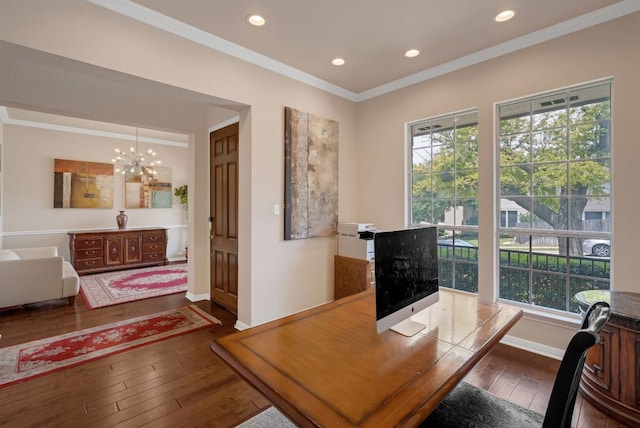 office space with hardwood / wood-style flooring, healthy amount of natural light, ornamental molding, recessed lighting, and baseboards