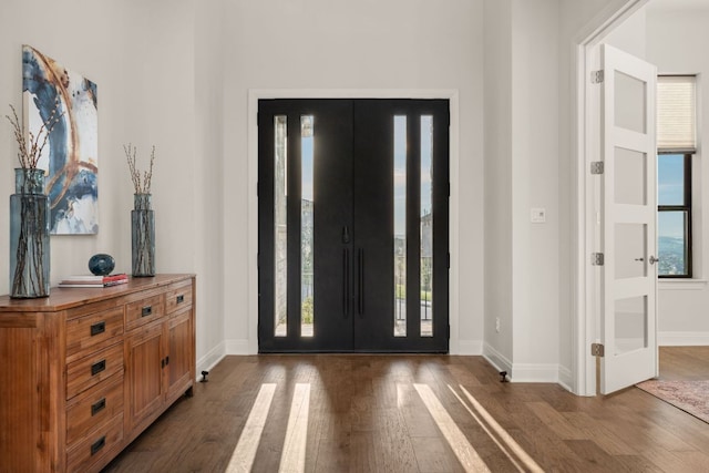 entryway with wood finished floors, healthy amount of natural light, and baseboards