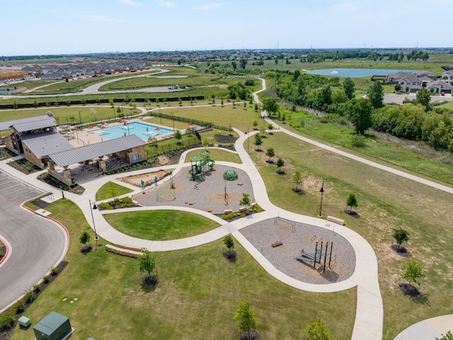 bird's eye view of a recreational park and a pool area