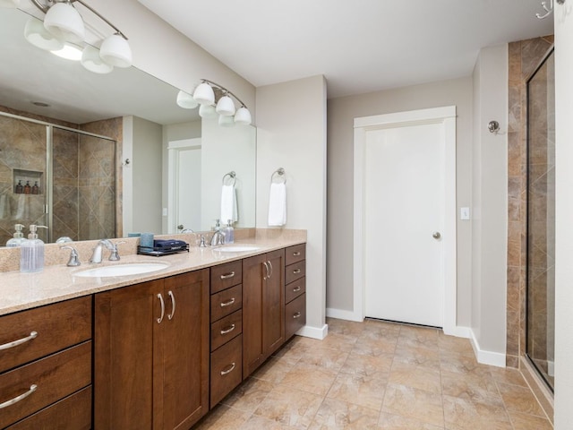 1200 Marcy St, Austin, TX 78704 - full bathroom featuring double vanity, a shower stall, and baseboards