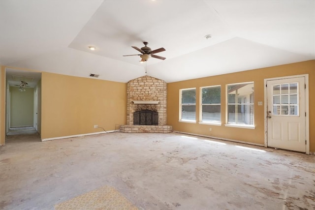7008 Beckett Rd, Austin, TX 78749 - unfurnished living room with ceiling fan, vaulted ceiling, and a brick fireplace