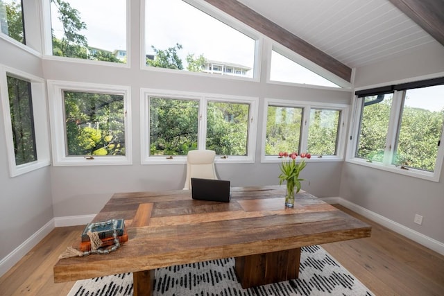 6905 Ladera Norte, Austin, TX 78731 - sunroom featuring wood finished floors, baseboards, beamed ceiling, and high vaulted ceiling