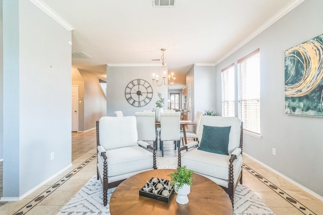 living area with light tile patterned floors, inlaid floor details, crown molding, a chandelier, and baseboards