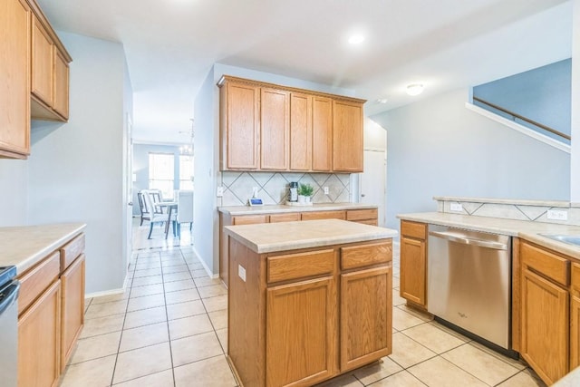 kitchen with dishwasher, light tile patterned floors, backsplash, light countertops, and recessed lighting