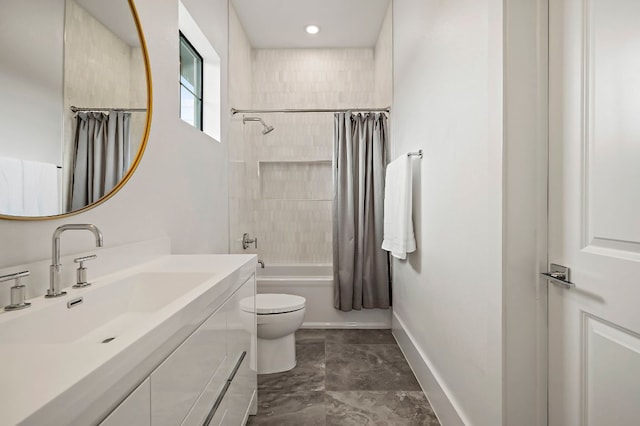 full bathroom featuring shower / tub combo with curtain, vanity, baseboards, toilet, and marble finish floors