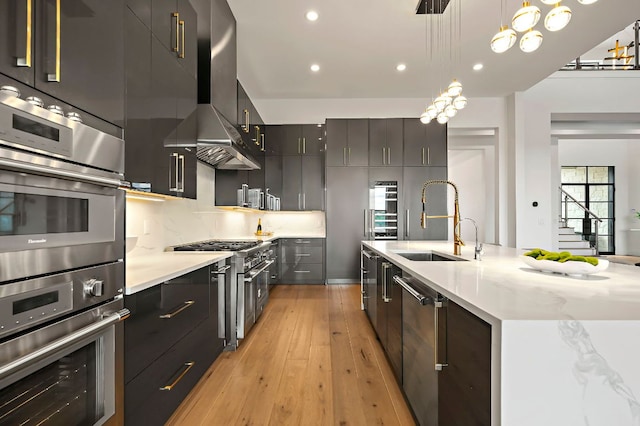 kitchen with appliances with stainless steel finishes, wall chimney exhaust hood, a sink, modern cabinets, and recessed lighting
