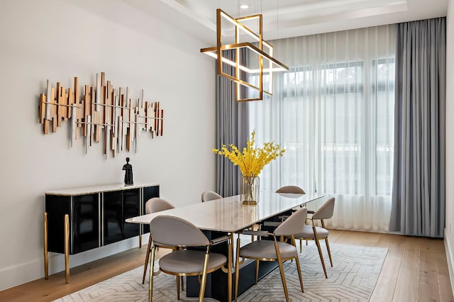 dining room featuring a tray ceiling and light wood-style floors