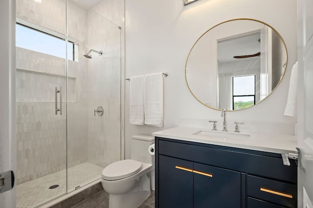 bathroom featuring plenty of natural light, toilet, and a stall shower