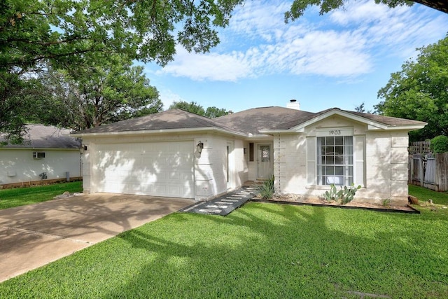 single story home featuring a garage, a chimney, and concrete driveway