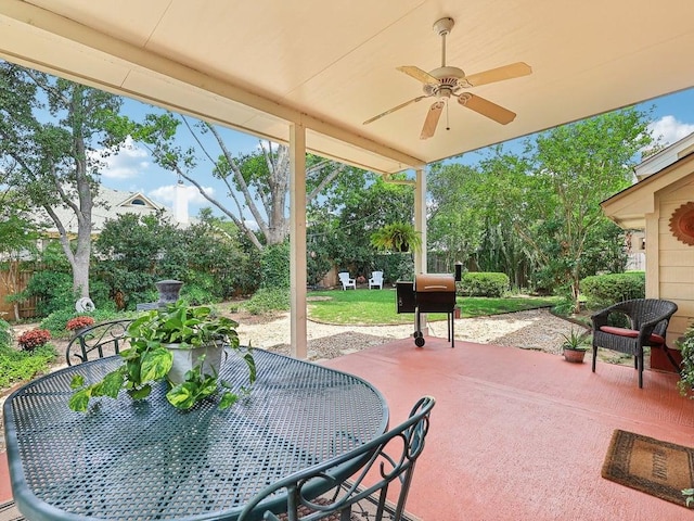 14928 Thatcher Dr, Austin, TX 78717 - view of patio with outdoor dining area, ceiling fan, and a fenced backyard