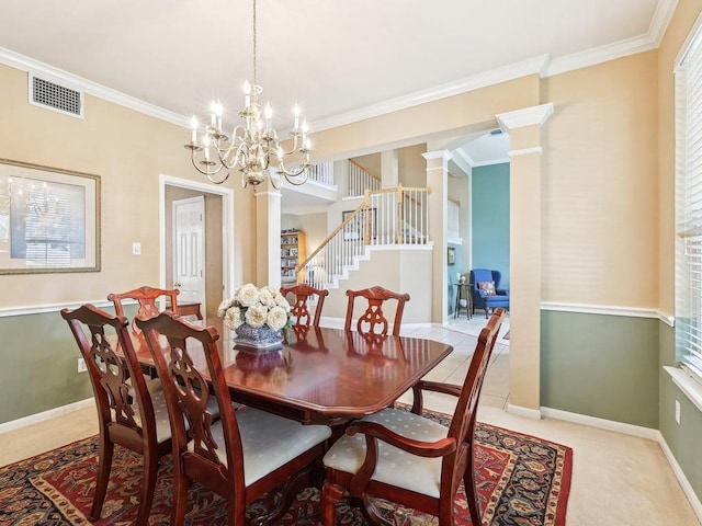 14928 Thatcher Dr, Austin, TX 78717 - dining space with ornamental molding, stairway, a chandelier, baseboards, and decorative columns