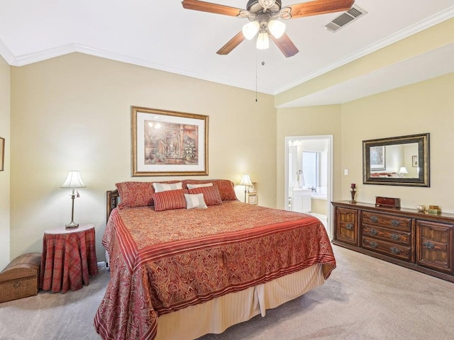 14928 Thatcher Dr, Austin, TX 78717 - bedroom with light colored carpet, crown molding, ensuite bathroom, ceiling fan, and vaulted ceiling