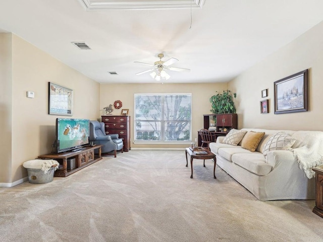 14928 Thatcher Dr, Austin, TX 78717 - living room featuring attic access, carpet, ceiling fan, and baseboards