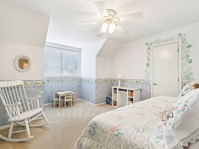 14928 Thatcher Dr, Austin, TX 78717 - carpeted bedroom featuring wallpapered walls, a wainscoted wall, ceiling fan, baseboards, and vaulted ceiling