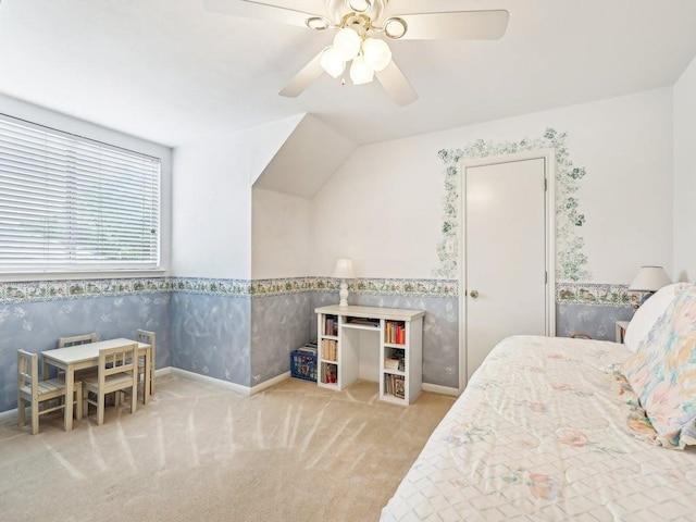 14928 Thatcher Dr, Austin, TX 78717 - bedroom featuring wallpapered walls, wainscoting, carpet, a ceiling fan, and baseboards
