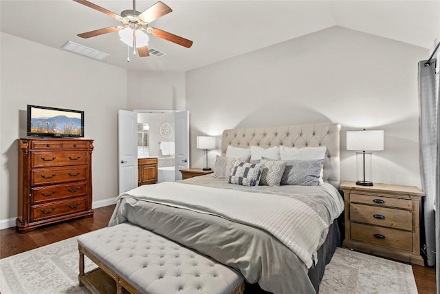 240 Maeves Way, Austin, TX 78737 - bedroom featuring dark wood finished floors, baseboards, vaulted ceiling, ceiling fan, and ensuite bathroom