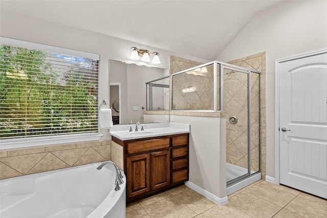 240 Maeves Way, Austin, TX 78737 - bathroom with plenty of natural light, tile patterned floors, a shower stall, and vaulted ceiling