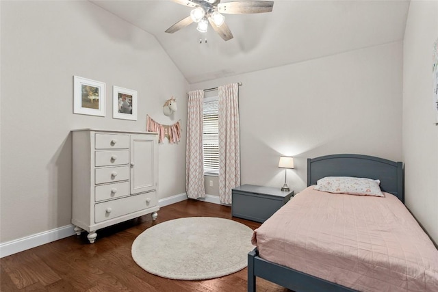 240 Maeves Way, Austin, TX 78737 - bedroom featuring lofted ceiling, baseboards, wood finished floors, and a ceiling fan