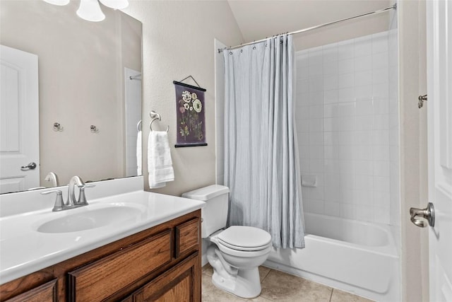 240 Maeves Way, Austin, TX 78737 - full bath with tile patterned flooring, toilet, vanity, shower / bath combo, and lofted ceiling