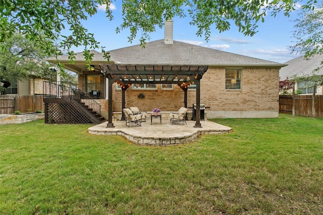 240 Maeves Way, Austin, TX 78737 - back of property with brick siding, a pergola, stairs, and a patio