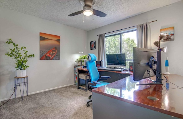8607 Appalachian Dr, Austin, TX 78759 - carpeted home office featuring a textured ceiling, a ceiling fan, and baseboards