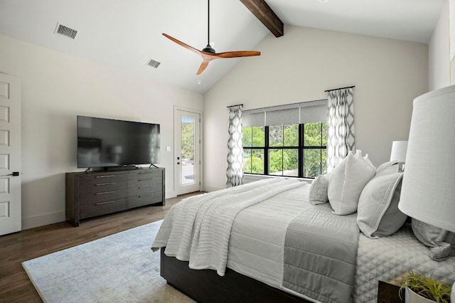 bedroom featuring access to outside, beamed ceiling, wood finished floors, ceiling fan, and baseboards