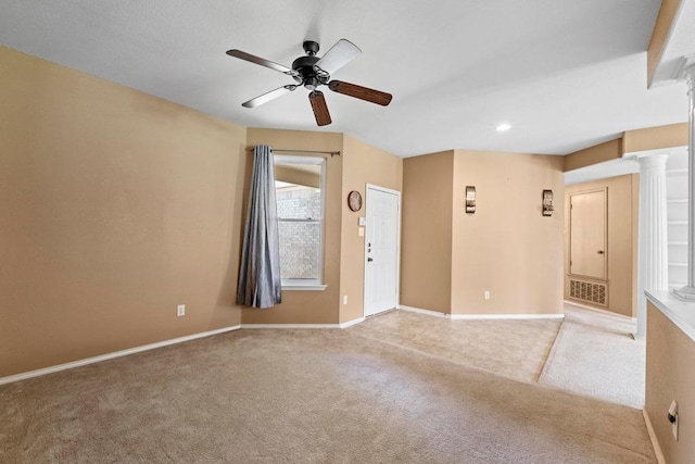 109 Silver Lace Ln, Round Rock, TX 78664 - empty room with a ceiling fan, carpet floors, decorative columns, baseboards, and recessed lighting