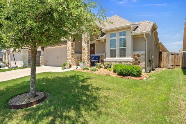 view of front of house featuring stone siding, driveway, stucco siding, a shingled roof, and a garage