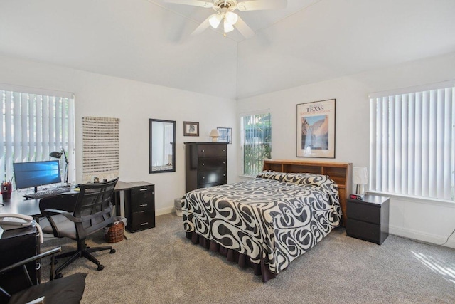 3933 Kristencreek Ln, Round Rock, TX 78681 - bedroom with carpet flooring, an office area, access to outside, vaulted ceiling, and a ceiling fan