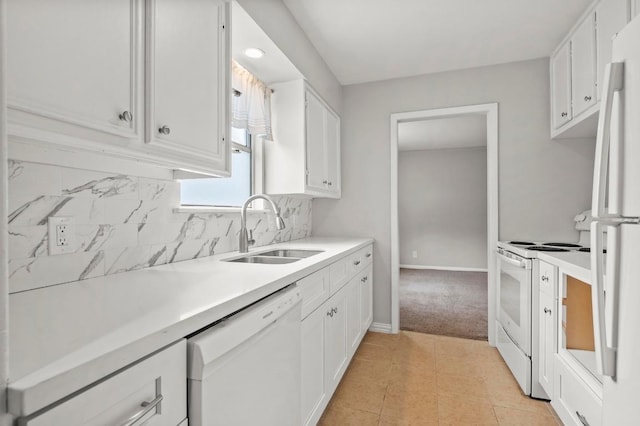 15105 Mettle Dr, Austin, TX 78734 - kitchen featuring white appliances, white cabinetry, light countertops, and backsplash