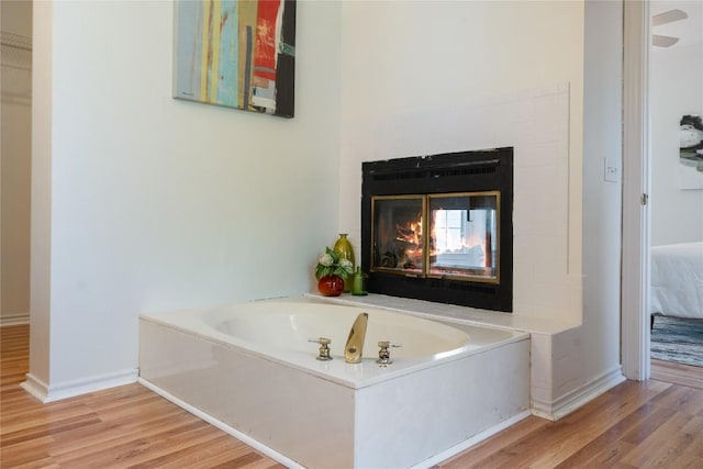 3007 Sesbania Dr, Austin, TX 78748 - full bath featuring wood finished floors, a garden tub, a multi sided fireplace, and baseboards