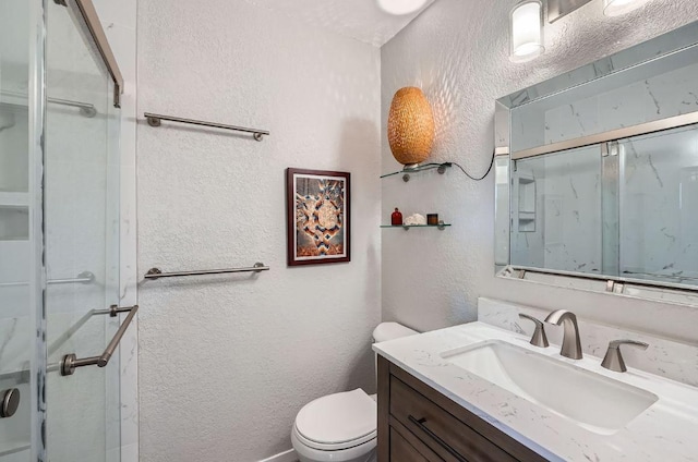 7605 Clydesdale Dr, Austin, TX 78745 - bathroom featuring a textured wall, a shower stall, and vanity