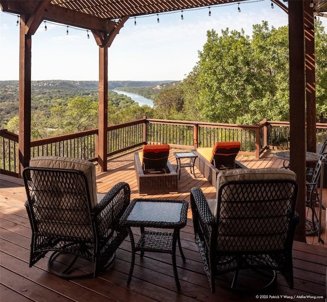 14305 Fallen Timber Dr, Austin, TX 78734 - wooden terrace featuring outdoor lounge area and a water view